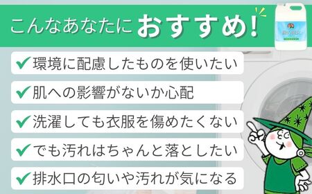 緑の魔女ランドリー5L×1 洗濯洗剤+パイプクリーナー機能付き環境配慮型洗剤 | 茨城県 龍ケ崎市 洗剤 環境配慮 地球にやさしい 環境にやさしい 手肌 優しい パイプクリーナー 詰まり 臭い 洗濯槽 排水溝 汚れ 蛍光増白材 蛍光剤 漂白剤 不使用 安心 お中元 お歳暮 ギフト 液体