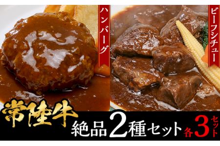 【 常陸牛 】 絶品2種セット （ ハンバーグ ・ ビーフシチュー 各3セット ）【 常陸牛 黒毛和牛 和牛 牛肉 ハンバーグ ﾊﾝﾊﾞｰｸﾞ 手ごねハンバーグ ビーフシチュー シチュー ﾋﾞｰﾌｼﾁｭｰ 家族 茨城県 ﾊﾝﾊﾞｰｸﾞ ﾋﾞｰﾌｼﾁｭｰ 】