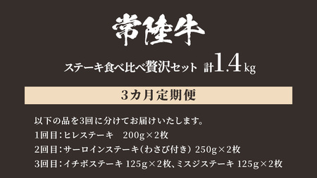 【 3ヶ月定期便 】【 常陸牛 】ステーキ 食べ比べ 贅沢 セット 計1.4kg （ 茨城県共通返礼品 )