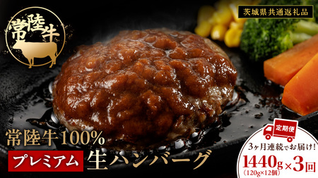 【3ケ月定期便】 常陸牛 100% プレミアム 生ハンバーグ 合計4320g（ 120g × 12個 × 3回 ） 【茨城県共通返礼品】