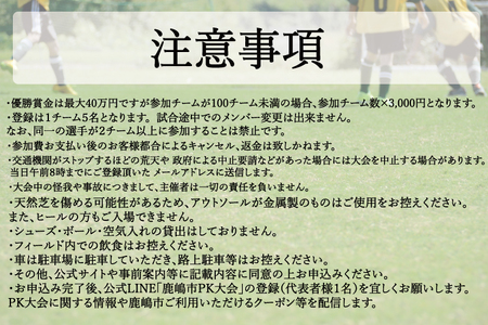 第１回鹿嶋市ＰＫ大会　参加券 【早割】【サッカー イベント アクティビティ お得 チーム トーナメント 茨城県 スポーツ】（KDE-1）