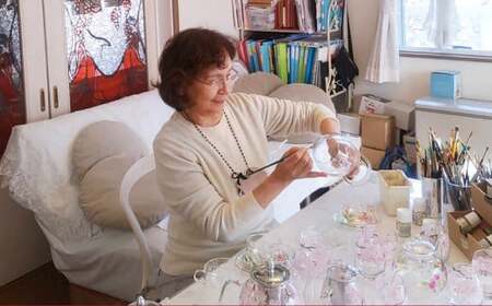 【絵付け手描き】ワイングラス ブルゴーニュ「小菊と雪の結晶」  筒井啓子作 1個