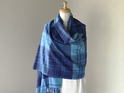 日本製 カシミヤ100% 大判ショール 格子柄 ブルー RF602