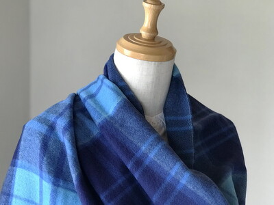 日本製 カシミヤ100% 大判ショール 格子柄 ブルー RF602