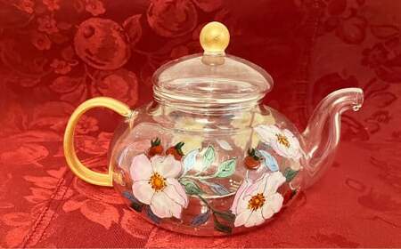 【絵付け手描き】ランプティーポット（1個）、カップ＆ソーサー（2個）3点セット「一重のバラ」 根本久美作