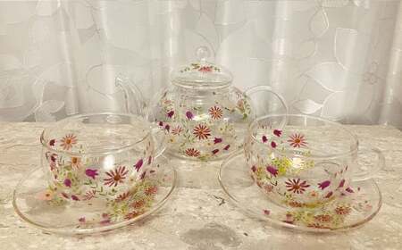 【絵付け手描き】ランプティーポット(1個)、カップ&ソーサー(2個)3点セット「華やぎ」 江上智子作