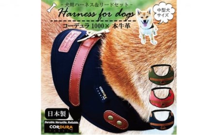 【中型犬用】ハーネス　コーデュラ×本牛革(レッド×ブラウン革)◇