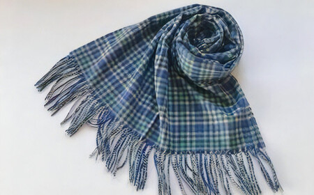 Made in Japan カシミヤ100% チェック ストール マフラー ブルー RF505