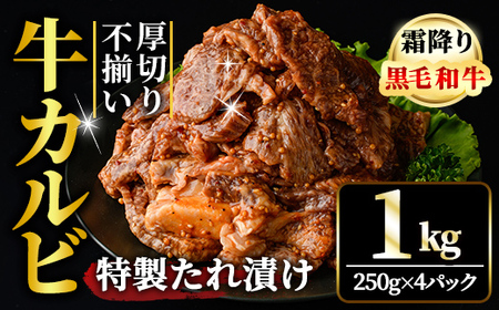 霜降り黒毛和牛 厚切り 不揃い 特製タレ漬カルビ 1kg 冷凍 小分け 焼肉 【そうざい男しゃく（株式会社池延）】【ho1594】
