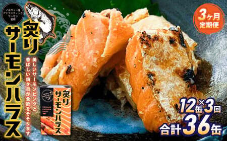 【3ヶ月定期便】炙りサーモンハラス12缶セット 合計36缶  ｜ サーモン ハラス 炙り あぶり 魚 缶詰 保存 長期保存