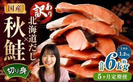 【5ヶ月定期便】 ［訳あり］ 国産秋鮭 北海道だし切り身 約1.2kg×5回 計約6kg ／ 鮭 しゃけ シャケ 秋鮭 天然秋鮭 切身 切り身 鮭節 かじか 昆布 しいたけ ブレンド 出汁 だし 出汁入り鮭 冷凍