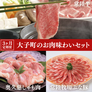 【3ヶ月定期便】大子町のお肉味わいセット 常陸牛(茨城県共通返礼品)・奥久慈しゃも肉・ぶな豚（ZZ002）
