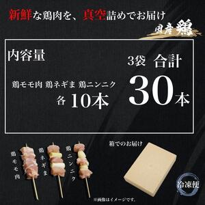 UF11 国産 焼き鳥 ３種３０本セット 鶏肉 個包装 ねぎま にんにく 鶏もも 砂肝 おつまみ バーベキュー BBQ アウトドア 冷凍　真空