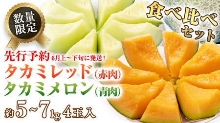 タカミレッド(赤肉)・タカミメロン(青肉)食べ比べ 2色 セット 合計4玉入り(約5kg~7kg)【2026年6月上旬以降発送】 期間限定 産地直送 農家直送 果物 フルーツ メロン タカミ たかみ 貴味 レッド 甘い 4玉