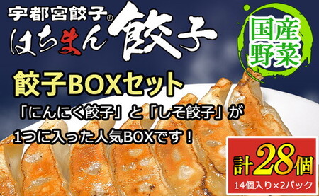 宇都宮餃子 はちまん餃子 餃子BOXセット 28個（14個入り×2パック/1個22g） ｜ にんにく 鶏しそ餃子 宇都宮餃子 国産野菜 グルメ 宇都宮市 ぎょうざ ギョーザ 野菜 冷凍食品 冷凍餃子 焼き餃子 水餃子