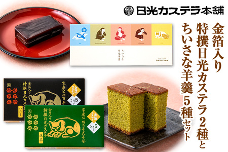 金箔入り特撰日光カステラ2種・ちいさな羊羹5種セット｜日光カステラ本舗 カステラ 羊羹 ようかん 和菓子 スイーツ 金箔 ハニー 抹茶 塩 黒蜜 小倉 チョコ ミルク 磐梯日光店 日光 [0758]