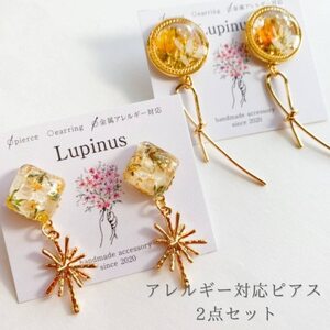 アレルギー対応ピアス「かすみ草のリボンピアス&メラスフェルラとユーフォルビアのリボン」【1562334】