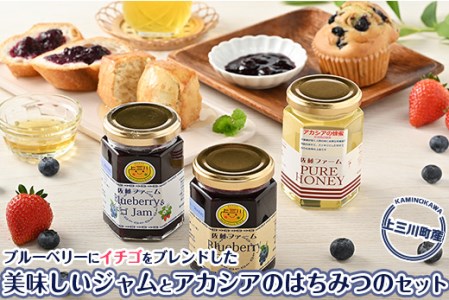 上三川産のブルーベリーにイチゴをブレンドした美味しいジャム(2種各1本)と、アカシアのはちみつのセット | ハチミツ 蜂蜜 生はちみつ ベリー いちご