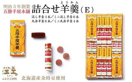 五勝手屋本舗『詰合せ羊羹』（E）流し羊羹4本／ミニ流し羊羹6本／丸缶羊羹6本／ミニ丸缶羊羹4本　金時豆のようかん　保存料不使用　五勝手屋羊羹の老舗　和菓子　銘菓　名物　贈答用　ギフト　お中元　お歳暮　お祝い　のし　熨斗
