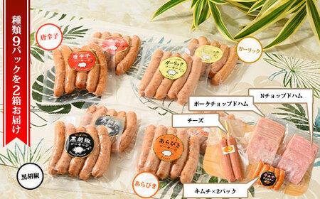 ウインナーセット（キムチ＆チーズ）2箱セット 8種類 計2.4kg ｜ BBQ バーベキュー アウトドア キャプ 肉 豚肉 惣菜 詰め合わせ お弁当 朝食 食べ比べ 真空パック ソーセージ