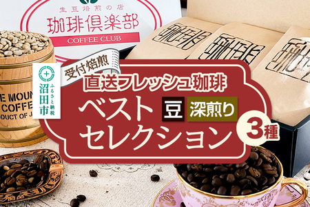 《受付焙煎》直送フレッシュ珈琲 ベストセレクション【豆／深煎り】各200g×3種 計600g 珈琲倶楽部 沼田店