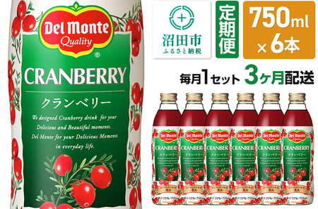 《定期便3ヶ月》デルモンテ クランベリー 750ml 瓶 6本セット