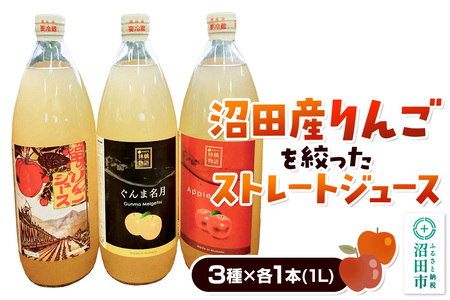 沼田産りんごを搾ったストレートリンゴジュース 3種×各1本 計3本セット 真田りんご園