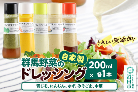 自家製・群馬産野菜で手作りドレッシング(青じそ、にんじん、ゆず、みそごま、中華)200ml×各1本 泙川食品