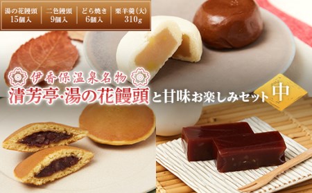 伊香保温泉名物「清芳亭・湯の花饅頭」15個と甘味お楽しみセット（中） 和菓子 饅頭 どら焼き まんじゅう F4H-0209