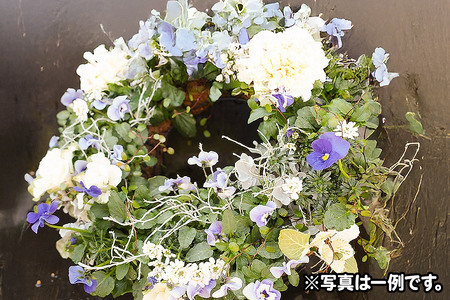 ハンギングリース 季節のアレンジ (寒色系) 直径約40cm【生花 ビオラ インテリア 玄関 バスケット 寄せ植え プレゼント 贈り物】