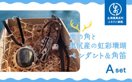 鹿の角と奥尻産の虹彩珊瑚(深海松)のペンダント&角笛セットA