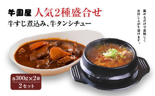 【牛国屋】人気2種盛合せ（牛すじ煮込み、牛タンシチュー）　各300g×2袋×2セット　【11100-0788】