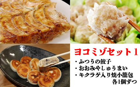 ヨコミゾセット１（ふつうの餃子・おおみやしゅうまい・キクラゲ入り焼小籠包　各1個ずつ）　【11100-0482】