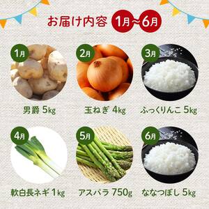 北海道産旬のこだわり野菜とお米1年定期便 男爵 玉ねぎ ふっくりんこ 軟白長ネギ アスパラ ななつぼし ミニトマト ブロッコリー 野菜 米 旬 F21W-490