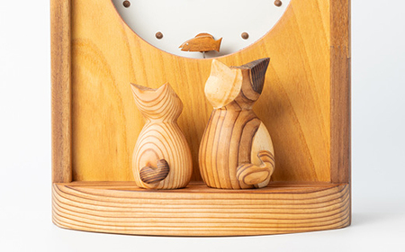 【振り子時計】ウッディいるまの猫と魚の時計(四角)【ハンドメイド】【1454480】