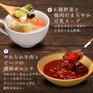 【定期便6ヶ月】具だくさん食べるスープAセット|具沢山 スープ セット 汁物 ミネストローネ 酒粕 生姜 豚汁 黒酢 サンラータン きのこ キノコ 肉団子 和風 カレー 豆乳 ボルシチ 栄養士 ヘルシー 冷凍 レンジ ※離島への配送不可 ※着日指定不可 FAA-068