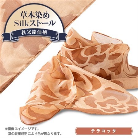 草木染めSilkストール 《長瀞びわ染めテラコッタ》《秩父銘仙柄》【1255438】