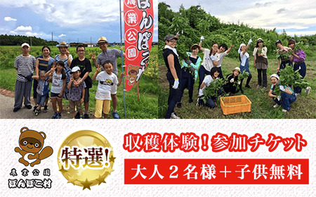 農業公園ぽんぽこ村＞特選収穫体験！参加チケット（大人２名様＋子供