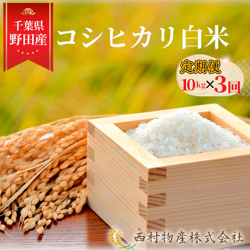 【3カ月連続定期便】野田産コシヒカリ白米10kg×3回 ／ 定期 こしひかり ご飯 ガツンと強いお米の香り 旨み 10㎏ 千葉県 No.366