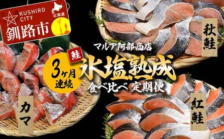 【期間限定！寄附額改定↓！】【3ヶ月連続】マルア阿部商店 氷塩熟成 食べ比べ定期便 紅鮭 秋鮭 カマ サケ 鮭 しゃけ 海鮮 魚 海鮮 定期便 分布会 北海道 F4F-8093