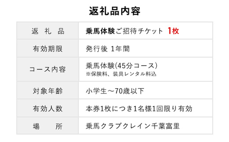 乗馬体験ご招待チケット TMD001 / ふるさと納税 乗馬 騎乗 馬 乗馬クラブクレイン千葉富里 乗馬クラブクレイン クレイン くれいん 体験 チケット じょうば たいけん ちけっと 招待 初心者 おすすめ オススメ 人気 送料無料  千葉県 富里市