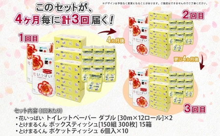 北海道 定期便 4ヶ月毎 全3回 トイレットペーパー ダブル ティッシュ ボックス ポケット 花いっぱい とけまるくん ペーパー リサイクル エコ 日用品 雑貨 常備 備蓄 送料無料