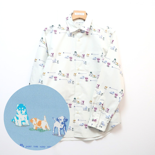 CLOFT 綿100％長袖プリントシャツ”素顔のままで”仔犬柄（C/＃11ホワイト） XL 0139-022-S07-3