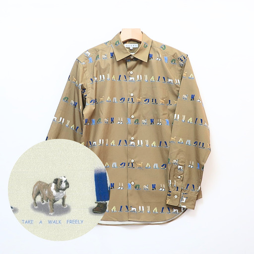 CLOFT 綿100％長袖プリントシャツ”自由に歩こう”犬と散歩柄（C/＃34モカ）XL 0139-021-S07-6