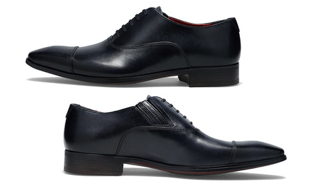 クインクラシコ 革靴 10001 (カラー：ブラック、サイズ：26.5cm) ビジネスシューズ 本革 ストレートチップ 幅広 甲高 キャップトゥ エラスティック スリッポン 牛革 フォーマル