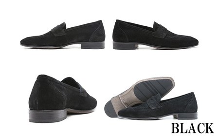 クインクラシコ 革靴 86001 (カラー:ブラック、サイズ:25.0cm) コインローファー メンズ スエード ドレスシューズ 牛革 カジュアル