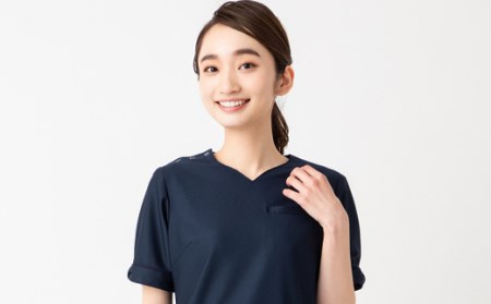 レピウスの白衣 【レディース】 リボンパイピングスクラブ / ネーム刺繍付き (サイズ：Mサイズ、カラー：ネイビー)