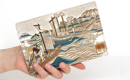 【文庫屋大関】パーソナルホルダー　浮世絵　荒井宿【皮革工芸品】 ファッション 小物 シンプル パスポートケース 病院セット 型押し 大関卯三郎 牛革 