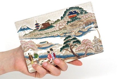 【文庫屋大関】パーソナルホルダー　浮世絵　待乳山【皮革工芸品】 ファッション 小物 シンプル パスポートケース 病院セット 型押し 大関卯三郎 牛革 