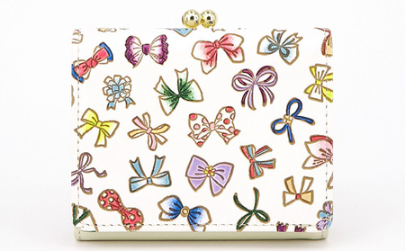 【文庫屋大関】三つ折りミニ財布　プチリボン【皮革工芸品】 ファッション 小物 民芸品 お札 カード 小銭 手のひらサイズ コンパクト 大人かわいい 牛革 手作り 国産